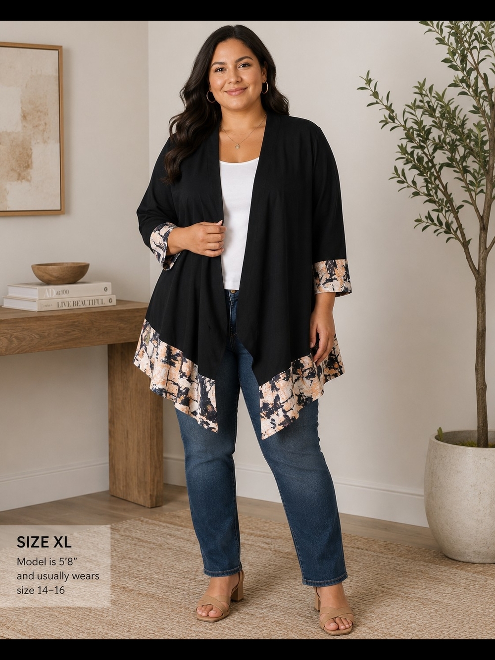 Incerun NWT XL Black Open Front Kimono Cardigan Abstract Trim Lightweight Duster